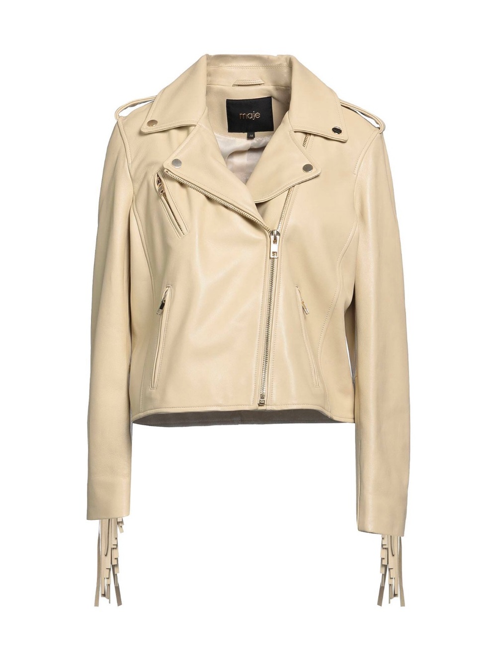 NWT Maje Bexol Women's Cream Leather Biker Jacket with fringe
